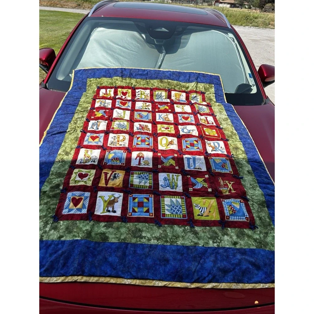 Handmade Pieced Alphabet Baby Quilt Blanket 40x54 Hand Tied ABC Red Nursery